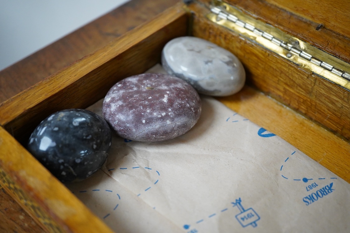 A Victorian walnut and parquetry box, a small group of minerals and an inlaid box, largest 30cm